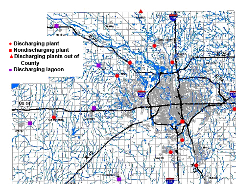Map of municipal wastewater facilities in Sedgwick County