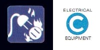 picture of an electrical plug with fire in the background. Also next to this picture a sign with a big letter C, above the letter C the word electrical and below it the word equipments