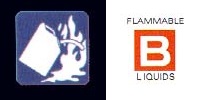picture of a water can with water from the can poured over a fire. Also next to this picture a sign with a big letter B, above the letter B the word flammable and below it the word liquids