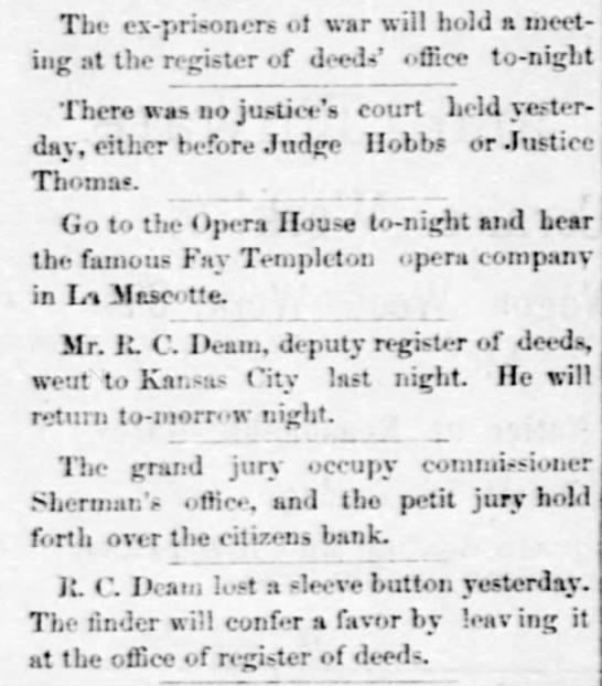 Register of Deeds R C Deam lost a sleeve button yesterday please return to his office