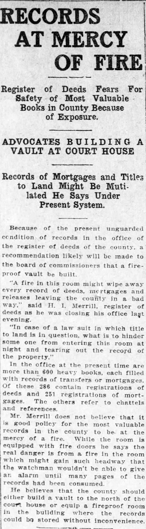 Fire-proof vault needed to protect records said H I Merrill, Register of Deeds