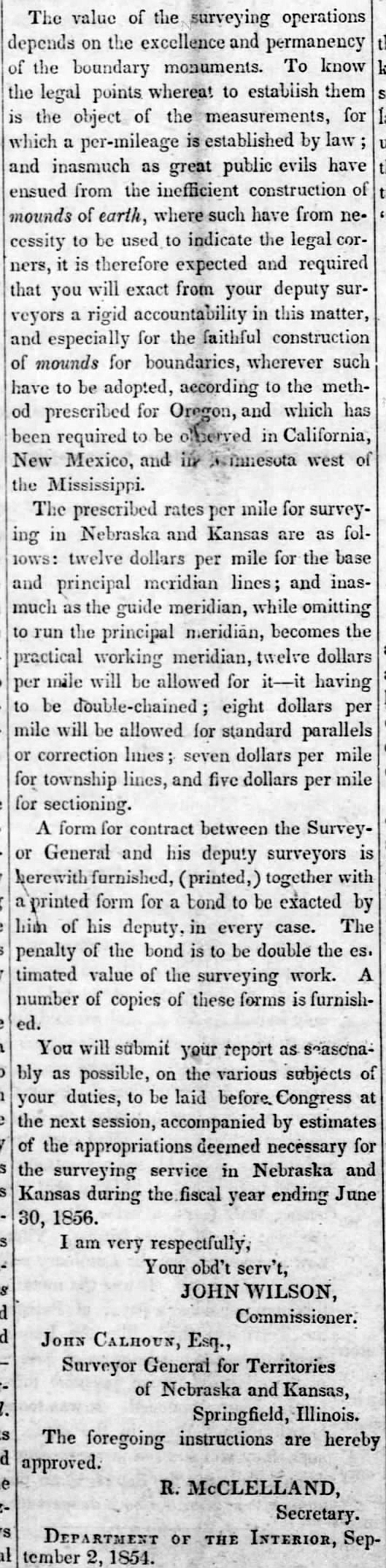 Excellence of boundary monuments are essential and prescribed rates given for surveying in Nebraska and Kansas