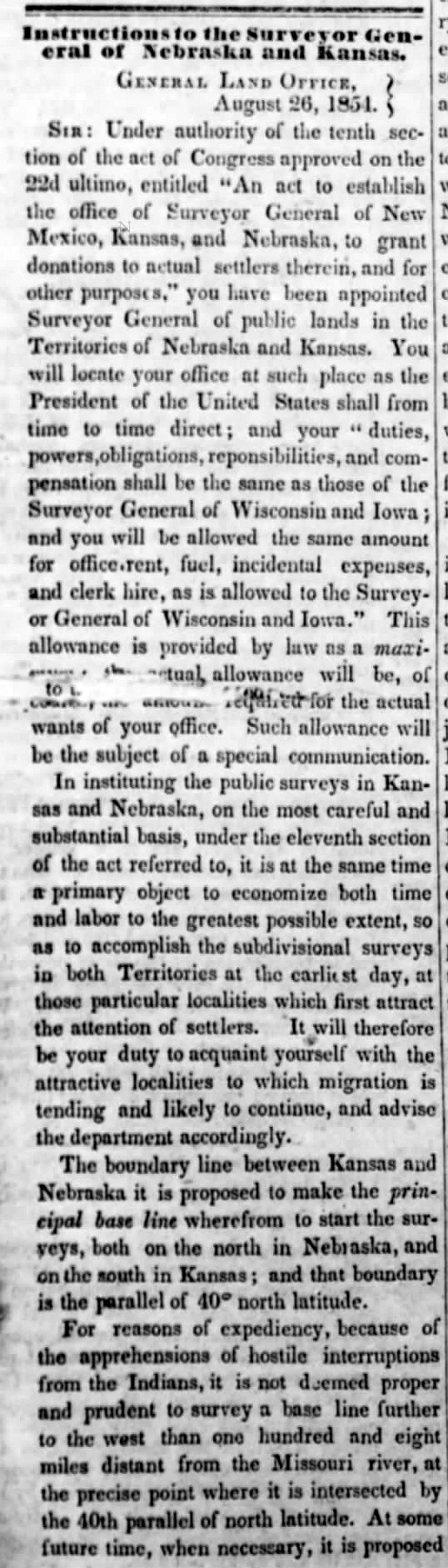 Surveyor General of Nebraska and Kansas instructed to advise on migration starting with boundary line between Kansas and Nebraska as principal base line
