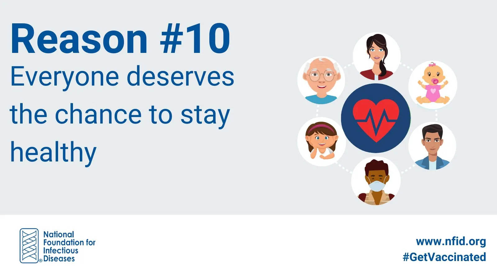 An illustration of a heart in the middle of a circle of family members, including a woman, baby, man, teen, child, and an older adult.