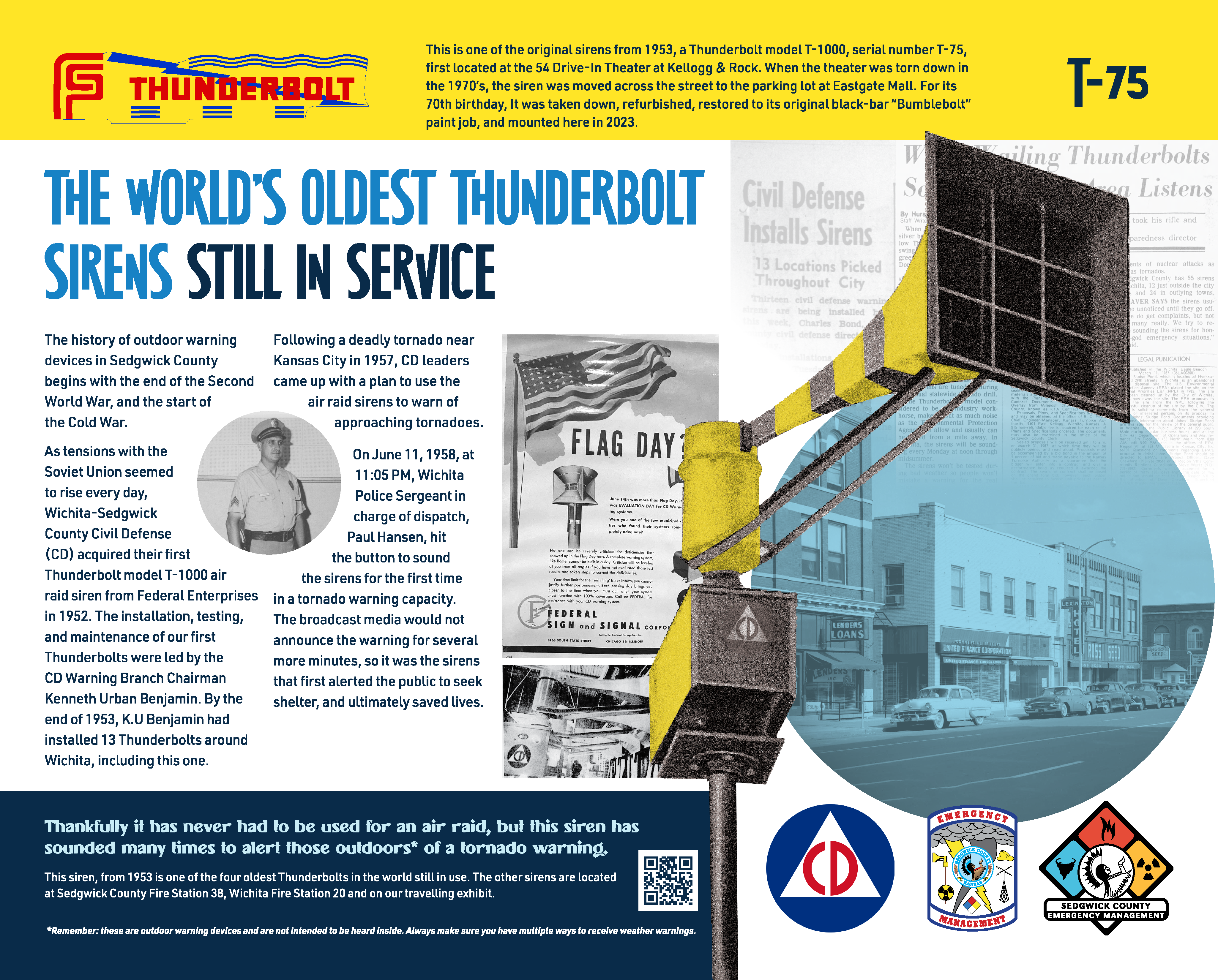This image shows the museum board for one of the four oldest Thunderbolt sirens in the world that are still in use