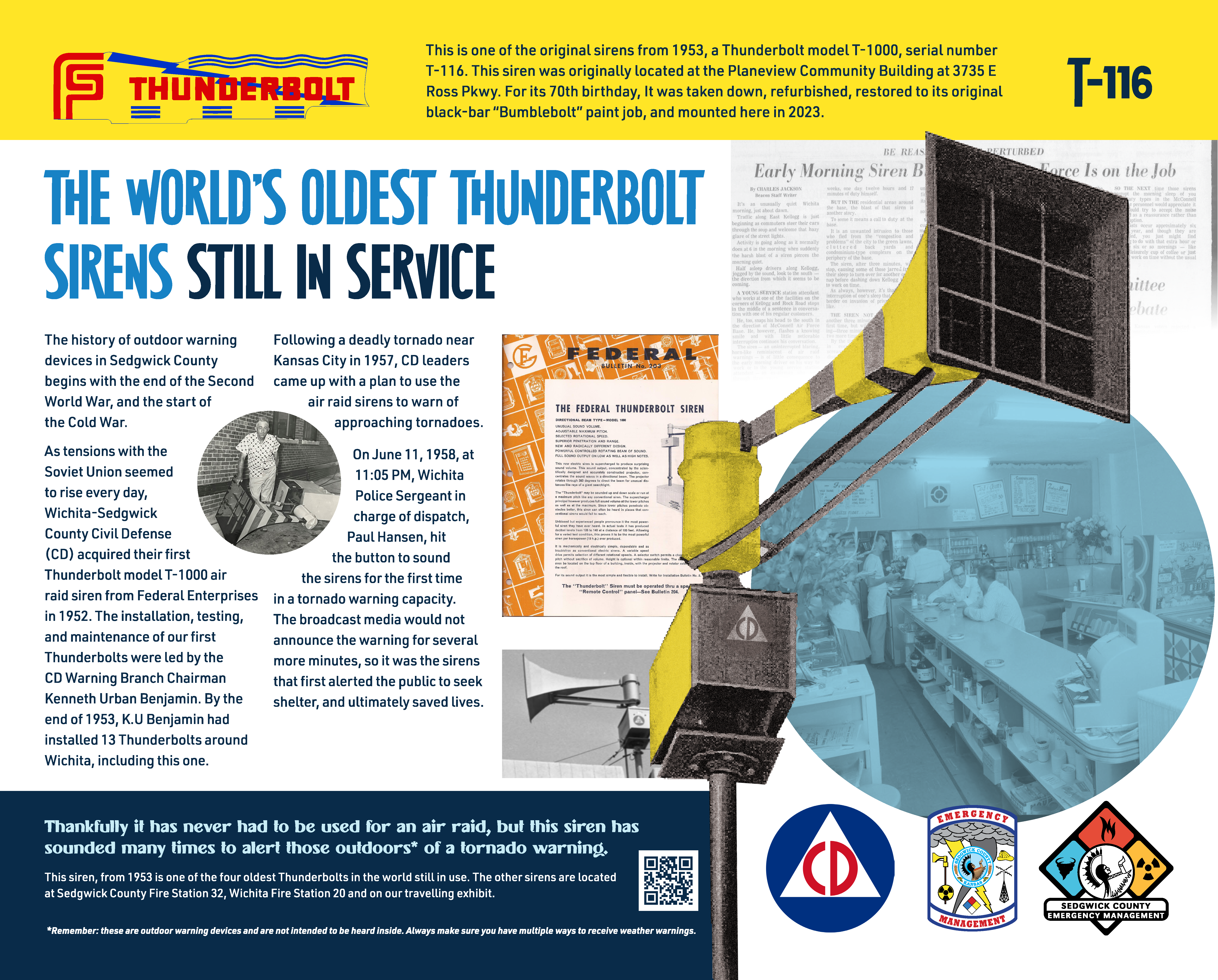 This image shows the museum board for one of the four oldest Thunderbolt sirens in the world that are still in use