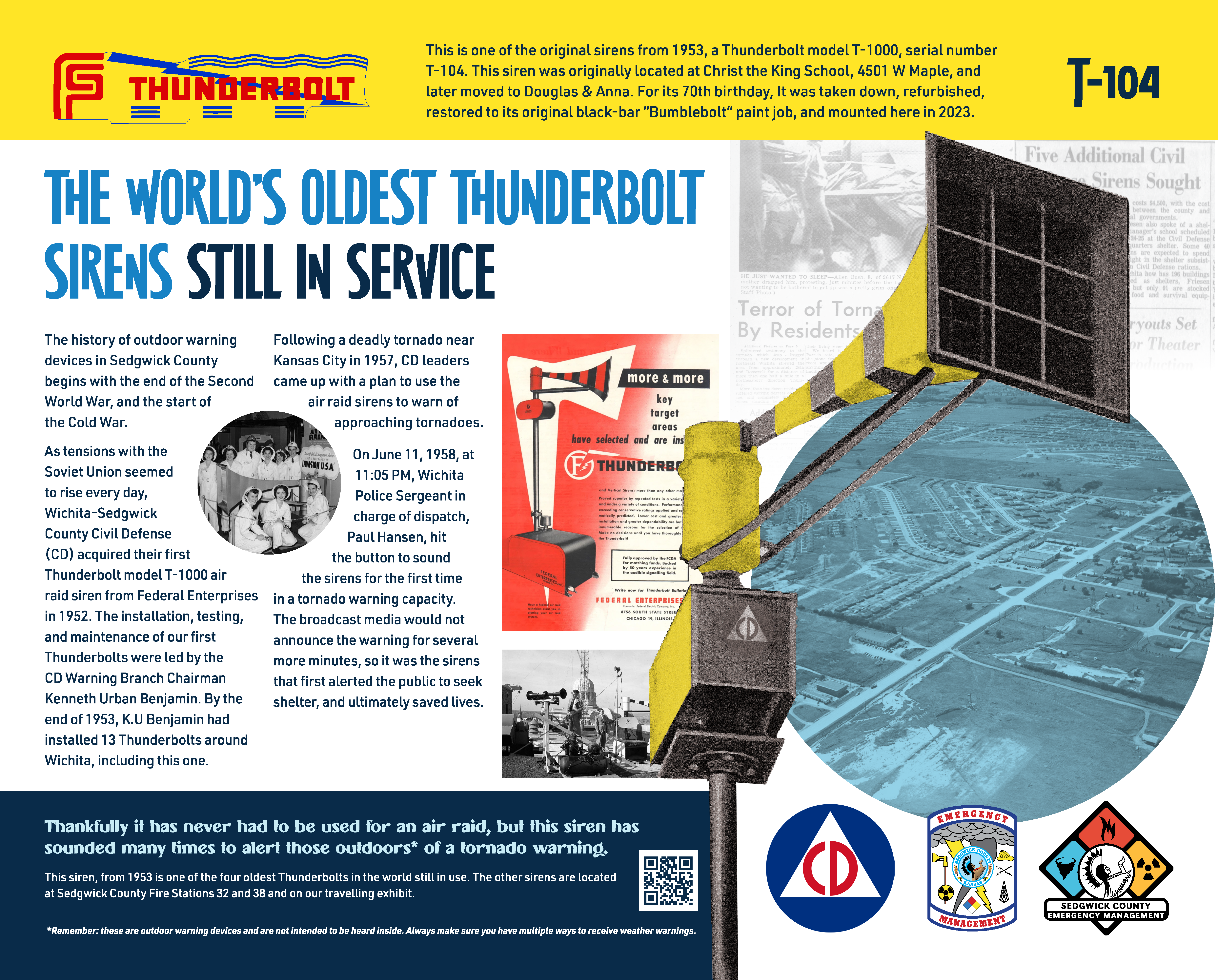 This image shows the museum board for one of the four oldest Thunderbolt sirens in the world that are still in use