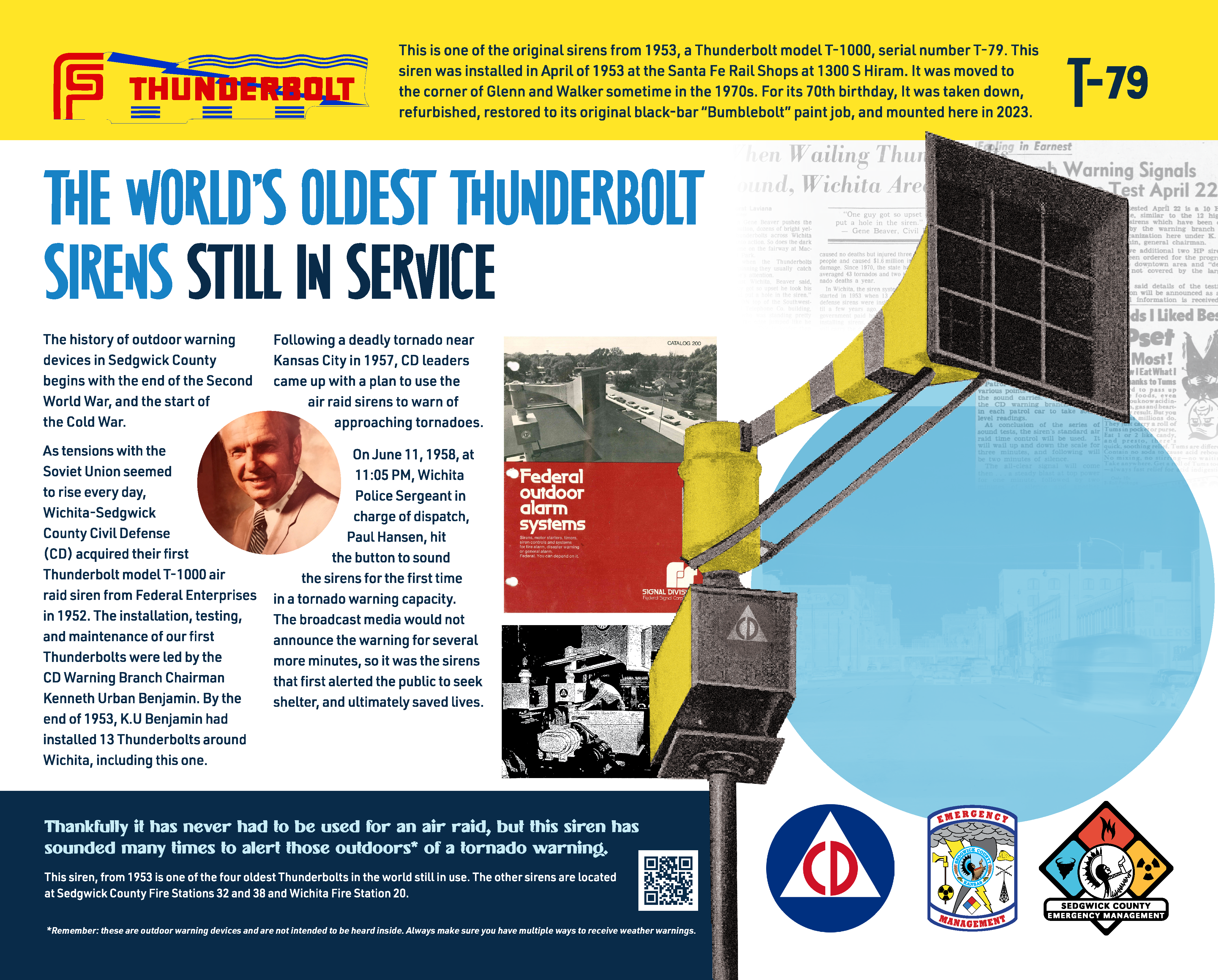 This image shows the museum board for one of the four oldest Thunderbolt sirens in the world that are still in use