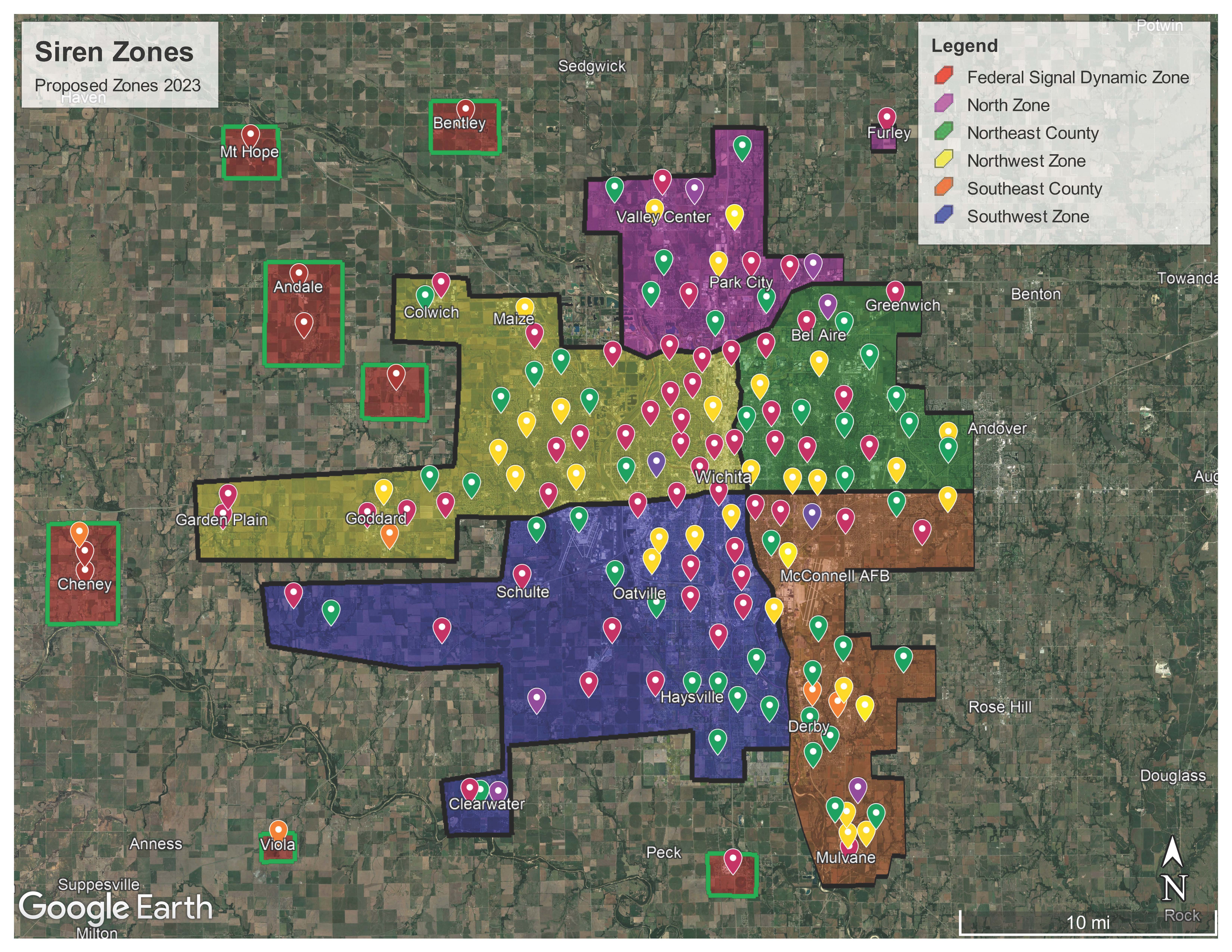 This image shows the different zones for sounding the Sedgwick County outdoor warning devices
