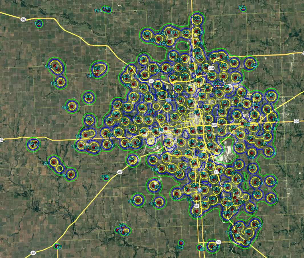 This image shows an approximation of the range for each Sedgwick County siren