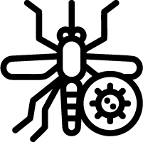 Mosquito icon next to a virus icon inside a circle