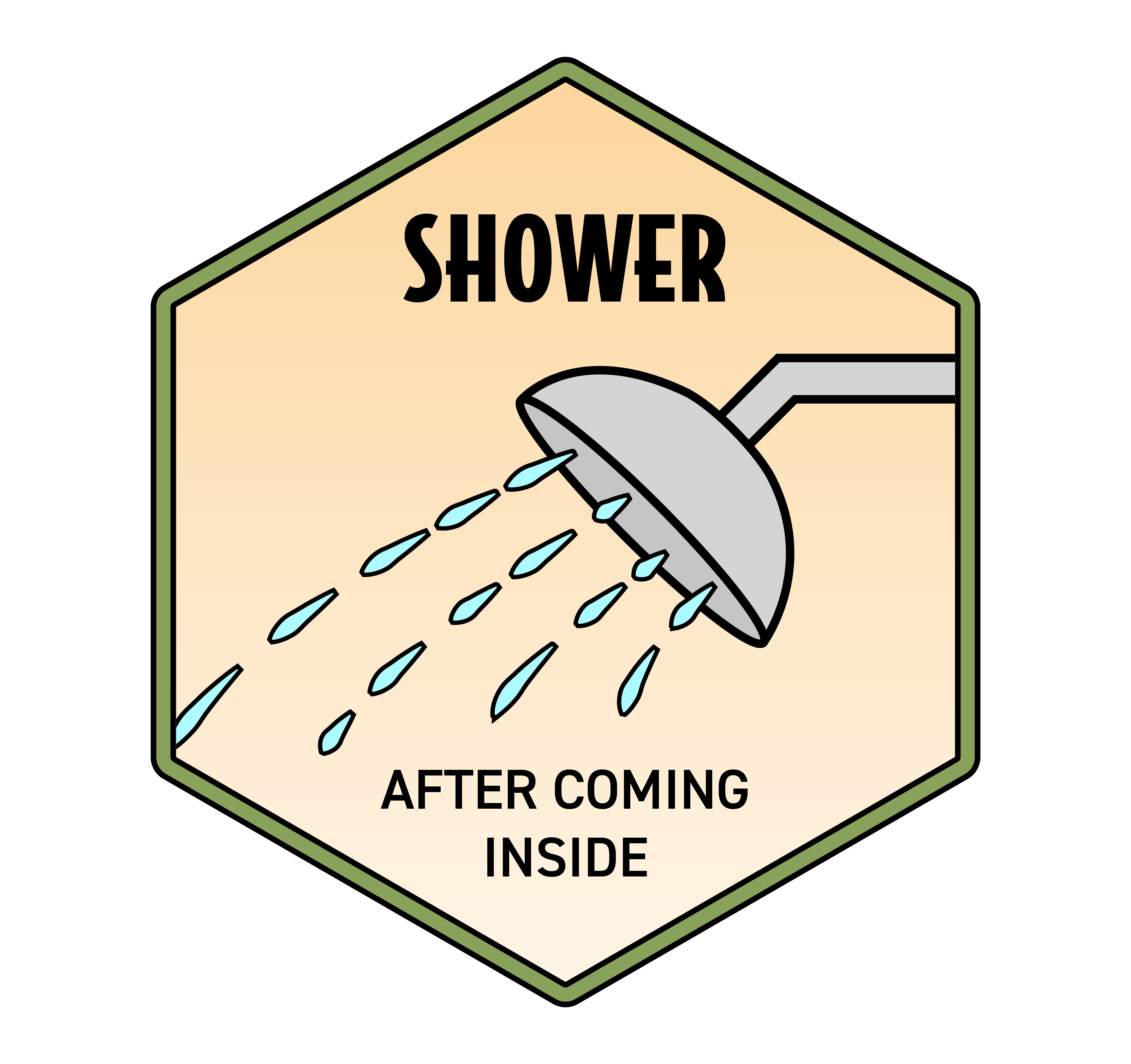 Showerhead with text: Shower after coming inside.