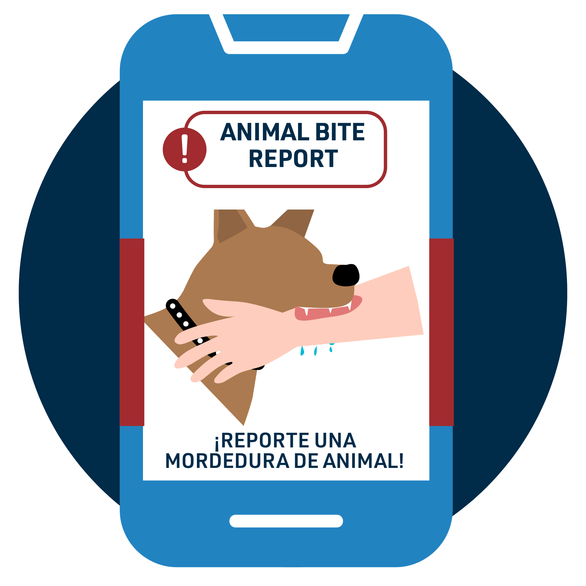 A cell phone with an illustration of a dog with big teeth biting an arm with the words, "Animal Bite Report."