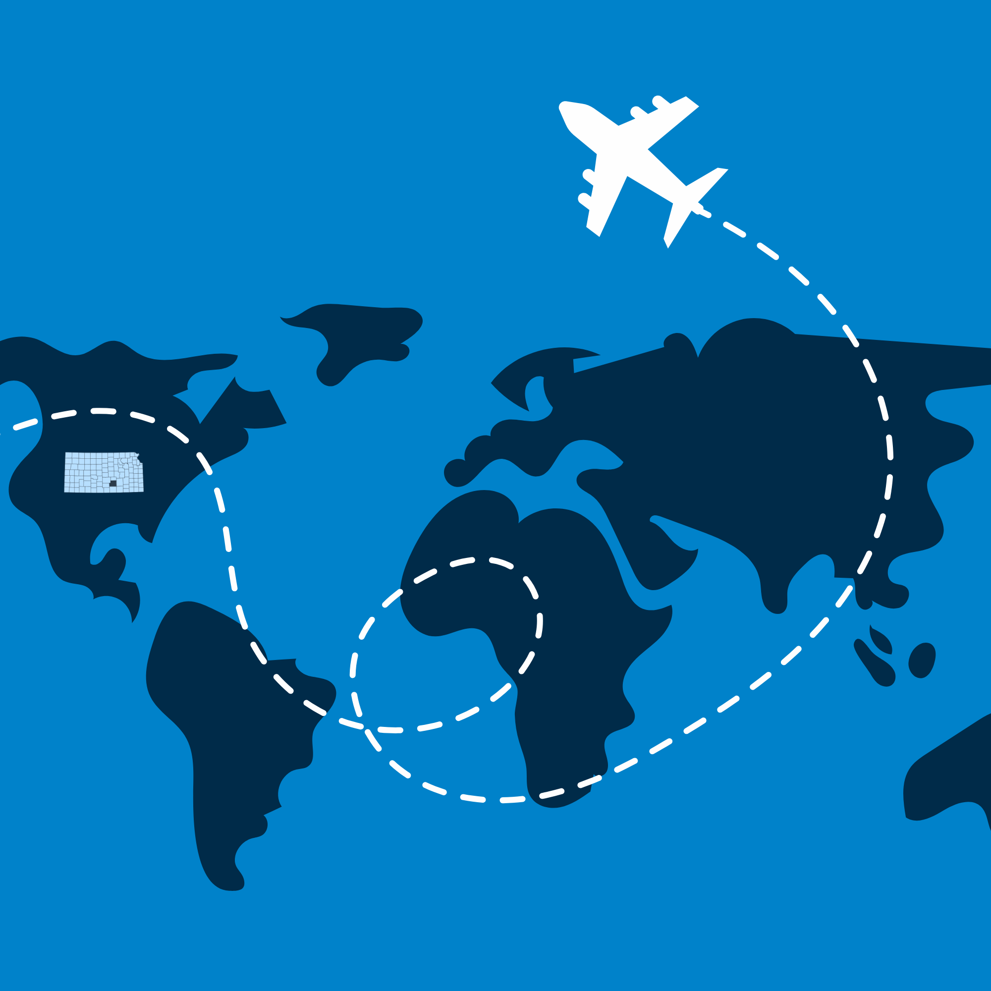 Map of the world with Kansas and Sedgwick County indicated and airplane flying around.