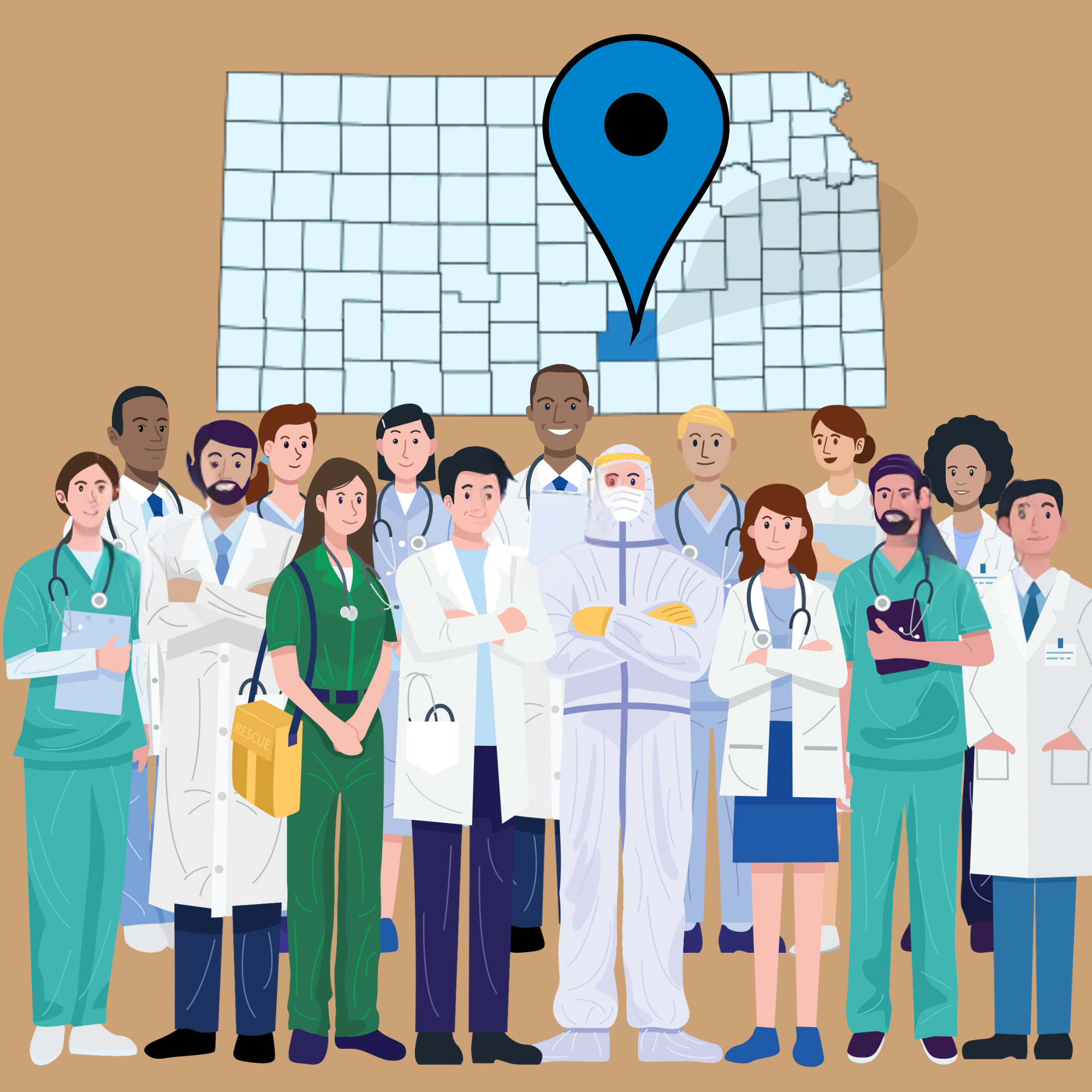 A group of diverse healthcare workers standing in front of a Kansas county map with Sedgwick County highlighted with a map marker.