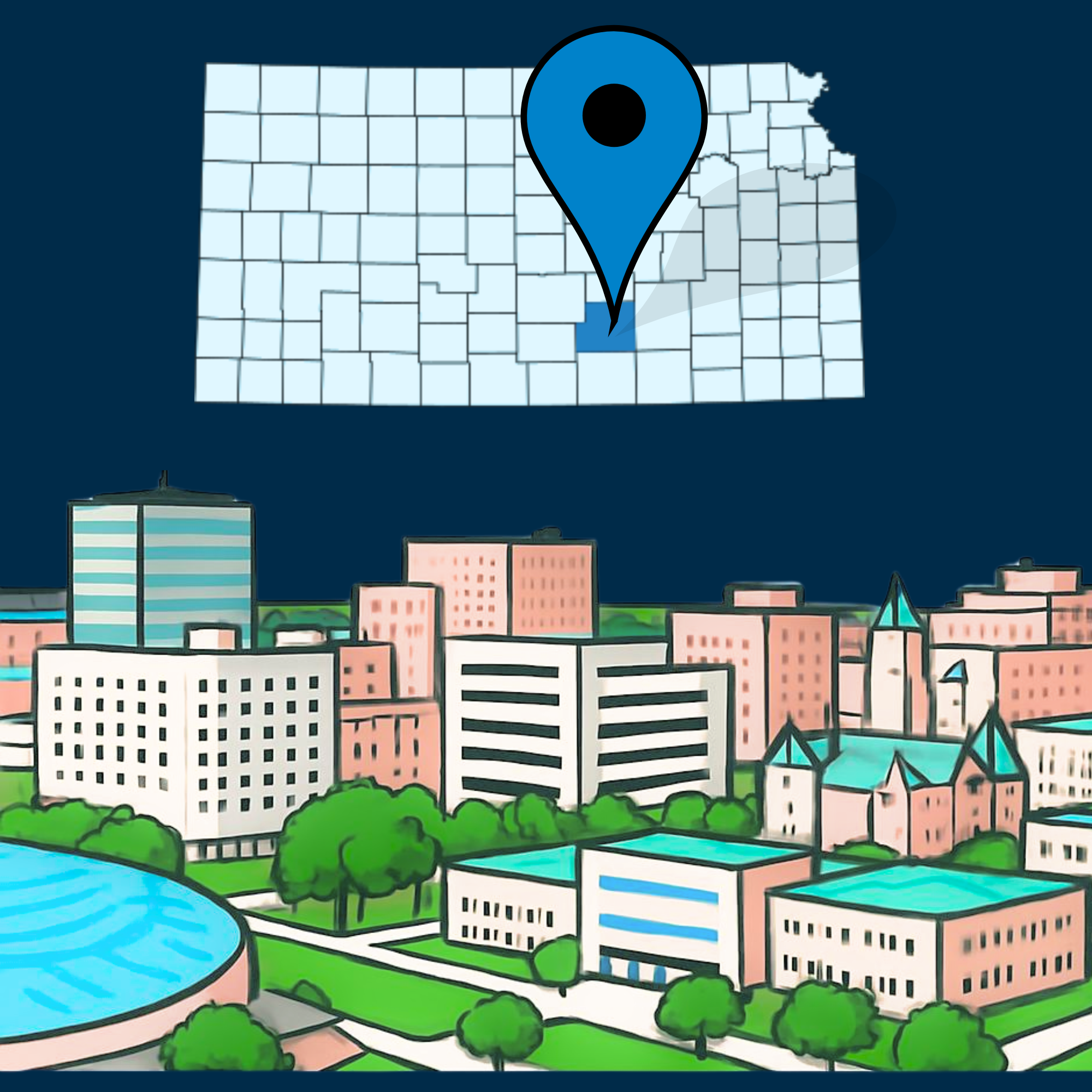 An illustration of downtown Wichita, Kansas above a county map with Sedgwick County highlighted with a map marker.