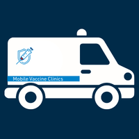Illustration of an old-style ambulance with a vaccine-filled needle and a shield.