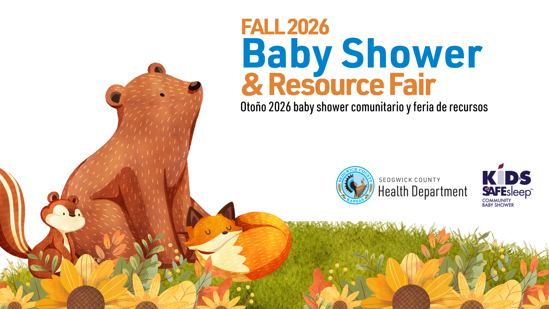 Illustration of two bears, chipmunk, and fox lying in the grass with pumpkins and fall flowers. Text says: "Fall 2026 Community Baby Shower and Resource Fair"
