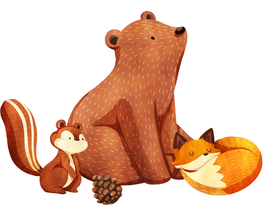 Illustration of two bears, chipmunk, and fox.