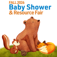 An illustration of a bear, chipmunk, and fox. Text reads, "2026 Community Baby Shower & Resource Fair"